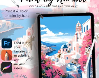 Puede incluir: Una tableta muestra un proyecto de arte digital de pintar por números. La imagen muestra un pueblo costero con edificios blancos, cúpulas azules y flores rosas. El texto dice "Paint by Number" y "Color as many times as you want."