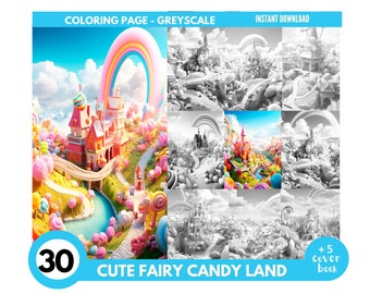 30 Fairy Candy Landscape Coloring Book - Adults Coloring Pages, Instant Download, Grayscale Coloring Book, Printable PDF File| 831