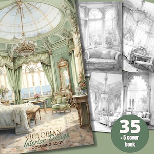 35 Victorian Interior Design Coloring Book - Adults Coloring Pages, Instant Download, Grayscale Coloring Book, Printable PDF File|559