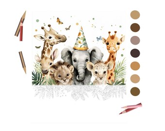 Fiesta de animales de safari para colorear por números para adultos/Pintar por números imprimible/Hojas de descarga digital/Libro detallado avanzado/1838