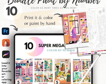May include: A digital paint-by-number bundle with the text "Bundle Paint by Number" and "10 SUPER MEGA COLOR BY NUMBER." The image shows a tablet with coloring book images and a stylus. The bundle includes city travel, dog life, and Manhattan themes.