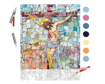 Könnte beinhalten: Ein Mosaik-Kunstwerk, das Jesus Christus am Kreuz darstellt. Das Mosaik besteht aus kleinen, bunten Fliesen in Blautönen, Grün, Gelb, Orange und Rot. Das Kunstwerk ist von einem weißen Rahmen umgeben.