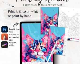 May include: A digital tablet displaying a paint-by-number image of a colorful cat. The image is on a white background with the text "Paint by Number" and "Color as many times as you want".
