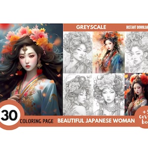 30 Beautiful Japanese Woman Coloring Book - Adults Coloring Pages, Instant Download, Grayscale Coloring Book, Printable PDF File|458