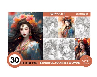 30 hermosas mujeres japonesas para colorear - Páginas para colorear para adultos, descarga instantánea, libro para colorear en escala de grises, archivo PDF imprimible/458