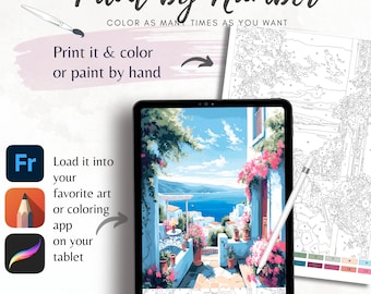 Puede incluir: Una escena digital de pintar por números que se muestra en una tableta, con una vista costera con flores rosas y cielos azules. La imagen incluye el texto: "Paint by Number" y "Imprímelo y colorea o pinta a mano."