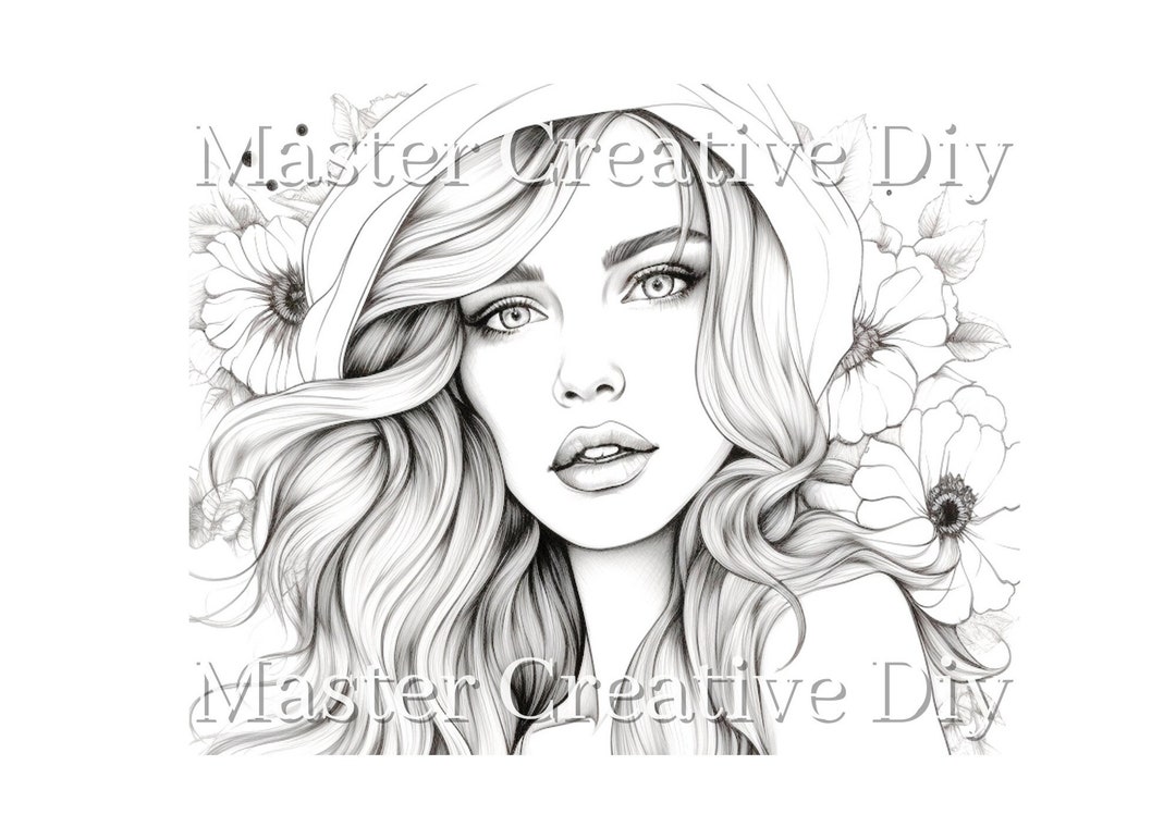 Beautiful Woman Coloring Pages for Adult and Kids,printable Greyscale ...