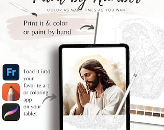 Könnte beinhalten: Ein digitales Malen-nach-Zahlen-Kunstprojekt, das auf einem Tablet angezeigt wird und ein Bild von Jesus mit gefalteten Händen im Gebet zeigt. Das Bild enthält den Text "Paint by Number" und Anweisungen zum Drucken und Ausmalen oder Malen von Hand.
