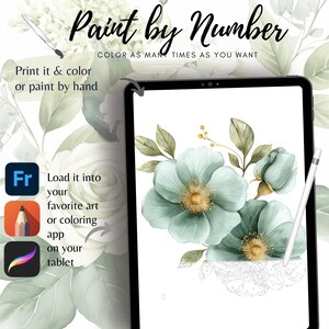 May include: Digital paint-by-number design on a tablet, featuring watercolor flowers in shades of teal and gold. The text reads "Paint by Number" and "Color as many times as you want." Instructions include printing and coloring or painting by hand.