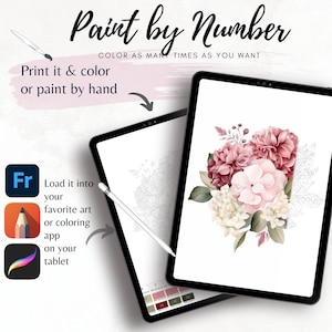 Op de afbeelding: Twee tablets tonen een bloemen schilderen-op-nummer ontwerp. De tekst "Paint by Number" en "Color as many times as you want" staan bovenaan. Instructies omvatten afdrukken, met de hand kleuren of het gebruik van een digitale kunst-app.