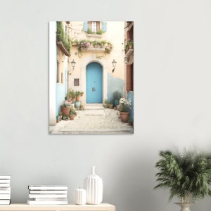 Italian flair: Vintage-style photo of an old house with a turquoise door and lots of flowers, Dolce Vita - Poster, matte, various sizes