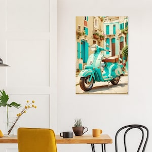 Vintage-style photo of a turquoise Italian Vespa in front of beige small-town houses, Dolce Vita 3 - Poster, matte, various sizes