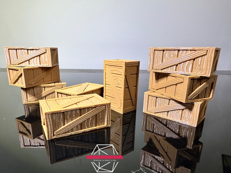 Peut inclure: Un ensemble de six caisses en bois, certaines empil&eacute;es les unes sur les autres. Les caisses sont de couleur brun clair et ont une texture en bois. Les caisses sont toutes de tailles et de formes diff&eacute;rentes.
