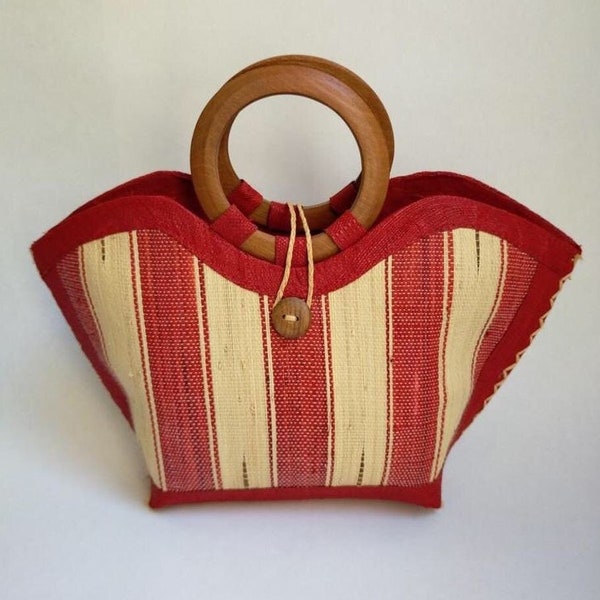 Sac en paille avec anses en bois - Motif rayé rouge et beige - Années 90