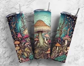 Mushroom forest 20oz sublimation tumbler design, Night landscape 9.2 x 8.3” straight tumbler wrap PNG