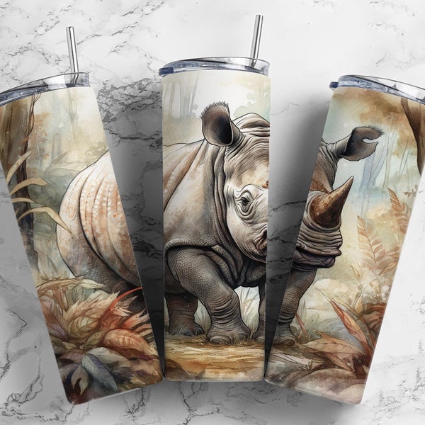 White rhino 20oz sublimation tumbler design, rhinoceros landscape  9.2 x 8.3” straight tumbler wrap PNG