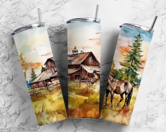 Barn Cabin 20oz sublimation tumbler design, horse landscape 9.2 x 8.3” straight tumbler wrap PNG