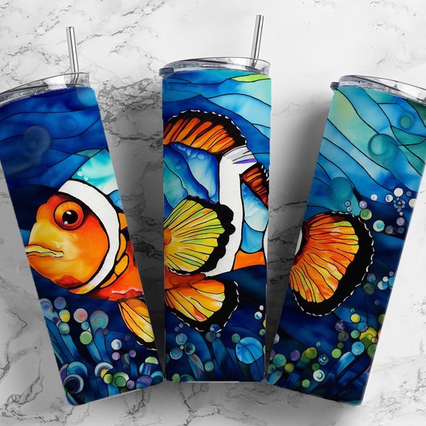 alcohol ink clown fish 20oz sublimation tumbler design, clown fish 9.2 x 8.3” straight tumbler wrap PNG