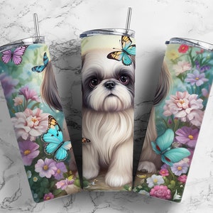 shih tzu puppy 20oz sublimation tumbler design, flowers and butterflies  9.2 x 8.3” straight tumbler wrap PNG