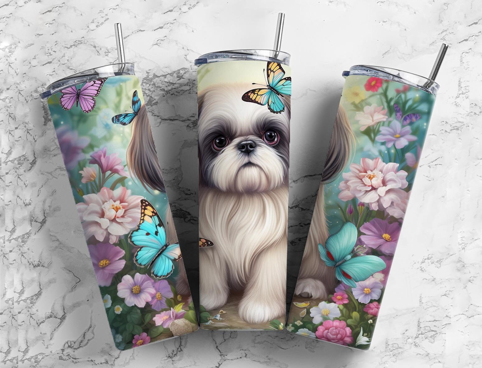 shih tzu puppy 20oz sublimation tumbler design, flowers and butterflies  9.2 x 8.3” straight tumbler wrap PNG