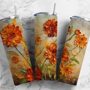 marigolds paper  20oz sublimation tumbler design, flower stylised quilled 9.2 x 8.3” straight tumbler wrap PNG