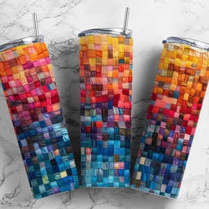 patchwork quilting textile colors  20oz sublimation tumbler design, blue orange contrast  9.2 x 8.3” straight tumbler wrap PNG