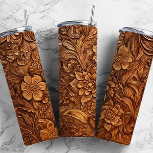 tooled leather flower garden 20oz sublimation tumbler design, flower garden 9.2 x 8.3” straight tumbler wrap PNG