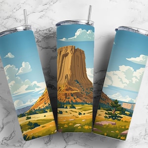 Devils Tower Design de copo de sublimação de 20 onças, cartão postal de Wyoming retrô 9,2 x 8,3" envoltório de copo reto PNG