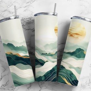 jade green Mountains moon 20oz sublimatiebekerontwerp, 9,2 x 8,3&quot; rechte bekerwikkel, png