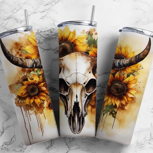 Cow skull 20oz sublimation tumbler design, horns sunflowers 9.2 x 8.3” straight tumbler wrap PNG
