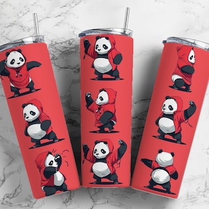 Panda bear cartoon dance 20oz sublimation tumbler design, kung fu red 9.2 x 8.3” straight tumbler wrap PNG