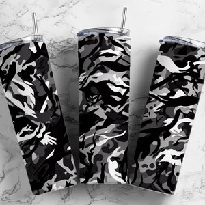 Black white grey camouflage   20oz sublimation tumbler design, grey camo camouflage pattern  9.2 x 8.3” straight tumbler wrap PNG
