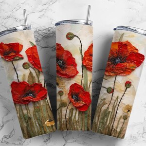 poppies red  20oz sublimation tumbler design, paper quilling  9.2 x 8.3” straight tumbler wrap PNG