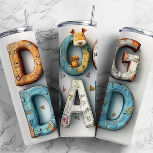 Dog Dad 20oz sublimation tumbler design, big letters cartoon stylised  9.2 x 8.3” straight tumbler wrap PNG