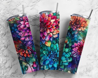 Dahlia flower  20oz sublimation tumbler design, alcohol ink  9.2 x 8.3” straight tumbler wrap PNG