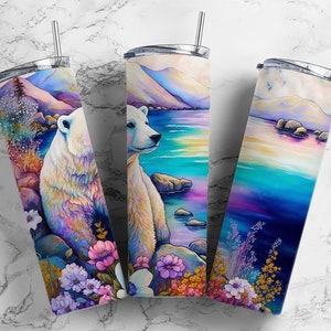 polar bear flower 20oz sublimation tumbler design, artic flowers 9.2 x 8.3” straight tumbler wrap PNG