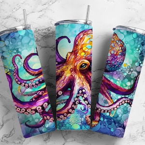 octopus bubbles 20oz sublimation tumbler design, ocean life 9.2 x 8.3” straight tumbler wrap PNG