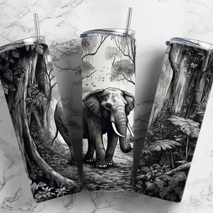 Elephant african 20oz sublimation tumbler design, Black and White Sketch 9.2 x 8.3” straight tumbler wrap PNG