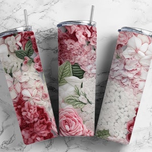 Hydrangea Roses 20oz sublimation tumbler design, Pink and white 9.2 x 8.3” straight tumbler wrap PNG