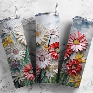 Gerberas daisies paper flowers 20oz sublimation tumbler design, quilled textured stylised  9.2 x 8.3” straight tumbler wrap PNG