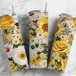 Yellow flowers daisies roses 20oz sublimation tumbler design, Embroidery Colours 9.2 x 8.3” straight tumbler wrap PNG