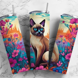 Siamese Cat 20oz sublimatiebekerontwerp, landschapsbloemen 9,2 x 8,3&quot; rechte bekerwikkel, png