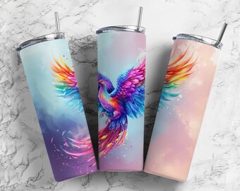 Phoenix rainbow rising   20oz sublimation tumbler design, birds beautiful 9.2 x 8.3” straight tumbler wrap PNG