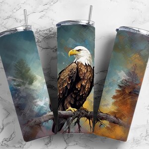 bald eagle 20oz sublimation tumbler design, on a branch 9.2 x 8.3” straight tumbler wrap PNG
