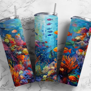 Colorful corals 20oz sublimation tumbler design, reef fish ocean 9.2 x 8.3” straight tumbler wrap PNG