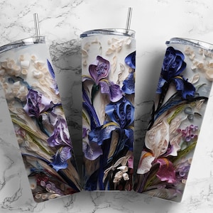 iris flowers 20oz sublimation tumbler design, quilling textured stylised 9.2 x 8.3” straight tumbler wrap PNG