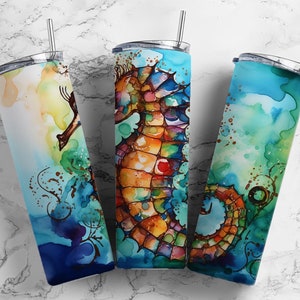Sea horse 20oz sublimation tumbler design, ocean life 9.2 x 8.3” straight tumbler wrap PNG