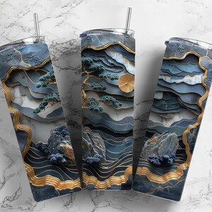 Vaso de sublimación de piedra de ágata de 20 oz, diseño de bonsái dorado gris, envoltura de vaso recto de 9,2 x 8,3&quot; PNG