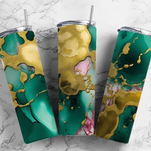 green marble agate glitter 20oz sublimation tumbler design, gold splash 9.2 x 8.3” straight tumbler wrap PNG