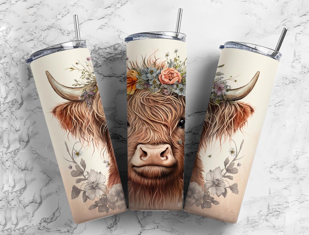 Highland Cow Floral Tumbler Design: 20oz Sublimation Wrap (PNG) - Etsy